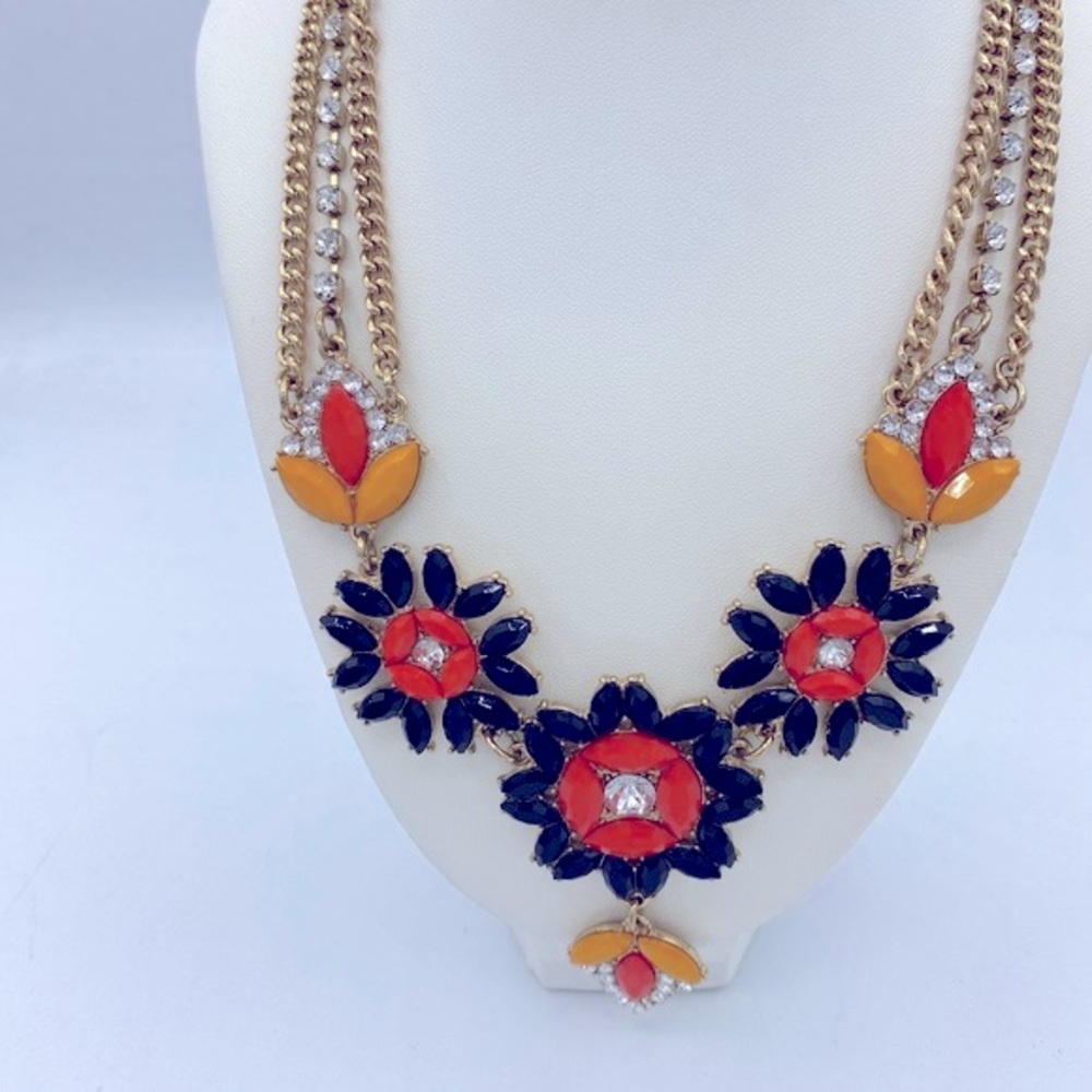 J Crew Gold Tone Multi Strand Necklace With Orange, Black And Yellow Rhinestones - Picture 6 of 10